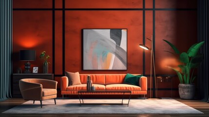 Mockup poster frame in modern interior. 3D Render. Generated with AI technology.