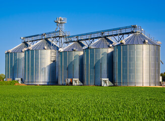 Steel agricultural silos near Motala, Sweden, for storage and drying of grains, wheat, corn, soy, sunflower © Taljat