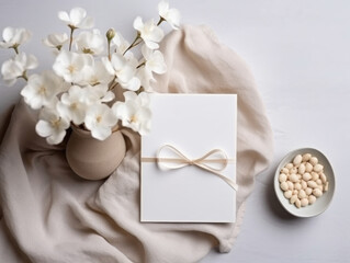 Fototapeta na wymiar Elegant Blank Invitation Card Mockup Flat Lay with Wild Flowers and Poppies on a Plain Background