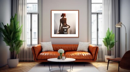 Mockup poster frame in modern interior. 3D Render. Generated with AI technology.