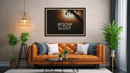 Mockup poster frame in modern interior. 3D Render. Generated with AI technology.