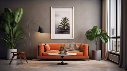 Mockup poster frame in modern interior. 3D Render. Generated with AI technology.