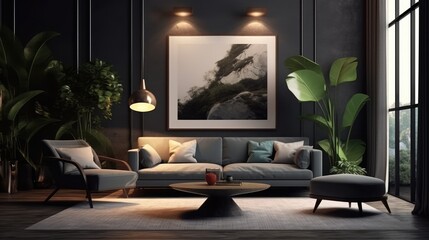 Fototapeta premium Mockup poster frame in modern interior. 3D Render. Generated with AI technology.