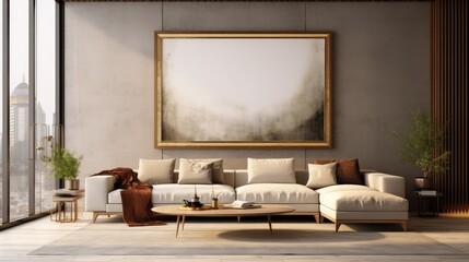Mockup poster frame in modern interior. 3D Render. Generated with AI technology.