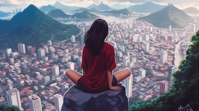 a beautiful anime girl sitting on top of a modern town, majestic aerial view, ai generated image