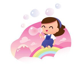 Baby girl sitting in a rainbow blowing bubbles. Happy smiling child.