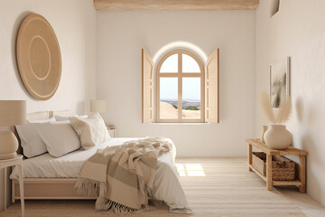 Bedroom with minimalist staging in beige and clean colors. Home decoration concept. Generative AI
