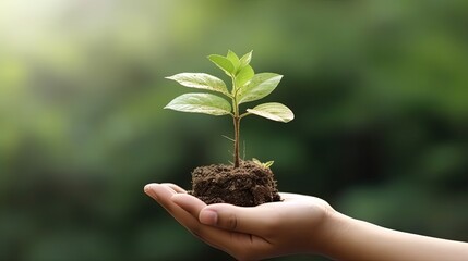 Hand holding young plant on blur green nature. concept eco earth day