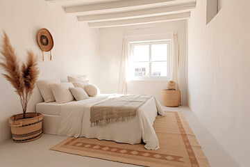 Bedroom with minimalist staging in beige and clean colors. Home decoration concept. Generative AI