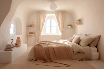 Bedroom with minimalist staging in beige and clean colors. Home decoration concept. Generative AI