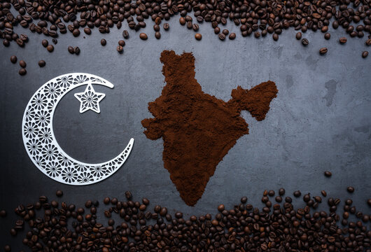 Eid Mubarak Coffee concept image, India map made of Coffee powder with crescent moon on the background isolated on grey colour background