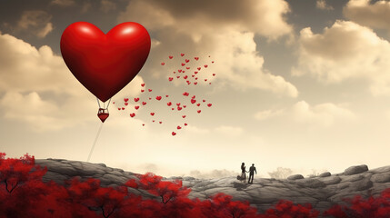 Fototapeta premium a couple in love in a sad inspired artwork with a heart balloon, ai generated image