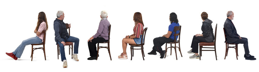 group of people sitting on chair and looking back on white background - obrazy, fototapety, plakaty