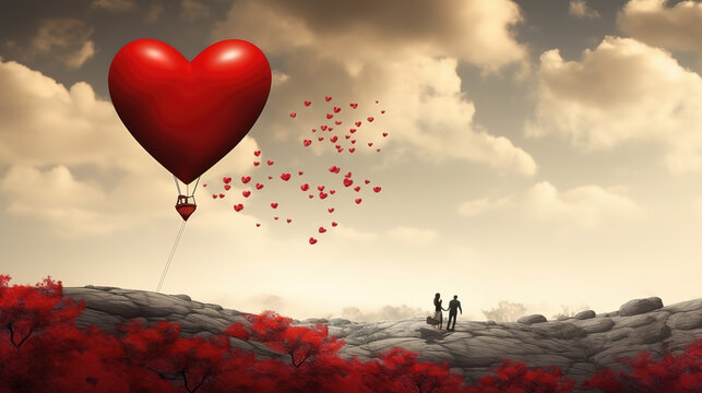 a couple in love in a sad inspired artwork with a heart balloon, ai generated image