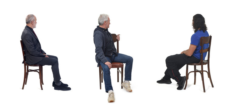 group of people sitting on chair and looking back on white background