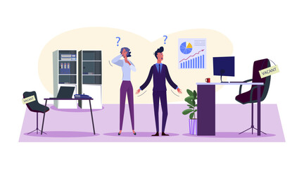 Confused employers and vacant seats vector illustration. Cartoon drawing of shocked company people with no employees, personnel or workers in office. Workforce, business, labor crisis concept