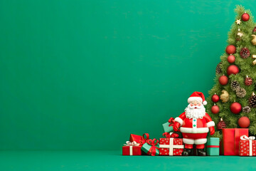 Green Christmas background with Christmas balls, fir tree and Santa Claus. X-Mas concept banner with negative space.
