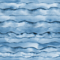Watercolor sea ocean wave blue indigo colored seamless pattern - obrazy, fototapety, plakaty