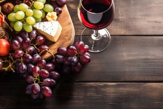 Glass of red wine, cheese and grapes on old wooden table with copy space