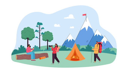 Woman filming girl talking while sitting on log at campsite. Friends going on camping trip together, flag on mountain vector illustration. Summer, traveling, hiking, vacation concept