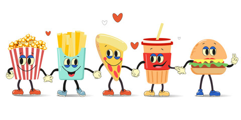 Set of funny fast food characters - pizza, french fries, burger, popcorn, coffee. Group of friendly Fast Food meals.Cartoon vector illustration isolated on white background.