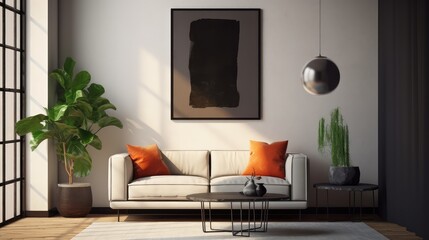 Mockup poster frame in modern interior. 3D Render. Generated with AI technology.