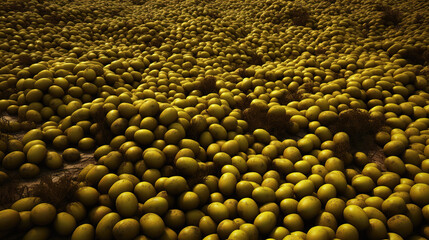hundreds of green olives prepared for oil making, ai generated image