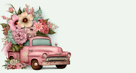 greeting card .pink truck carrying flowers with copy space.Generative AI