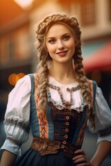 Ethereal Oktoberfest Beauty: Portrait of a Young Woman in Traditional Dirndl with Braided Hair, Generative AI