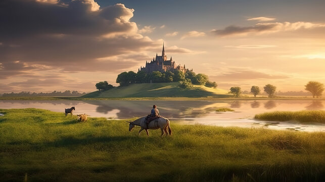 a warrior sitting on an animal in front of a fantasy castle, ai generated image
