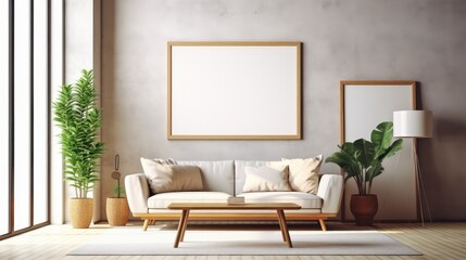 Mockup poster frame in modern interior. 3D Render. Generated with AI technology.