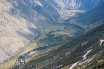 Fototapeta premium Panorama of the Katu Yaryk mountain pass and the valley of the river of Chulyshman. Altai Republic, Russia, beautiful summer day