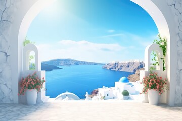santorini greece panoramic background travel holiday concept, AI - obrazy, fototapety, plakaty