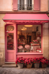 Fototapeta na wymiar Generative AI illustration of romantic pink facade with roses at the door
