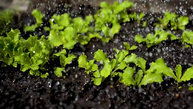 Watering young lettuce sprouts in the garden