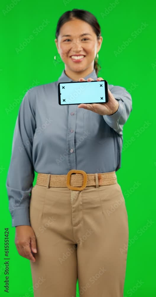 Poster Phone, green screen and app with a business woman marketing on a blank screen. Portrait, website and chromakey with tracking markers on a mobile display for advertising a product logo in studio