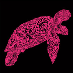 Vector illustration, turtle with pink flowers