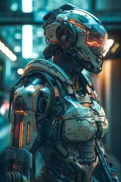 An advanced futuristic robot city worker, in a sci-fi high-tech automated metropolis. V4.