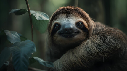 Fototapeta premium Sloth slow life in the rainforest. Generative AI