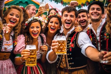 Oktoberfest Global Gathering: Party, Beer, and Good Vibes with Visitors from Around the World, Generative AI - obrazy, fototapety, plakaty