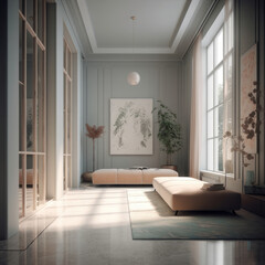 Interior design, room in blue and beige. AI generative.