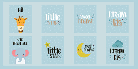 Set of Cute baby cards illustrations. Cute fun shower cards.