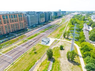 Aerial railway station. International and domestic trains does arrival and departure from here. Train platform aerial view.