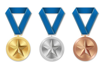 Golden silver and bronze award sport medal with blue ribbons and star