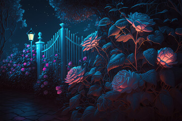 beautiful rose garden with glowing blue light at night background