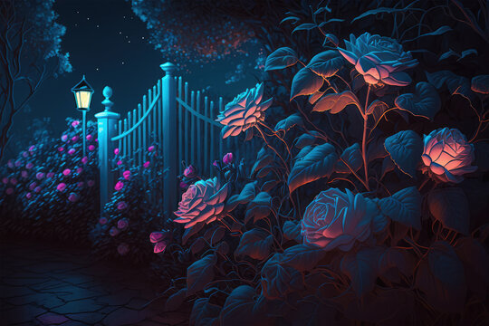 beautiful rose garden with glowing blue light at night background © chanram