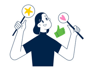 Person gives review rating and feedback. Hands holding star, likes icons, thumbs up button, positive and approve signs, rating Icons. Customer choice. Colored flat vector illustration