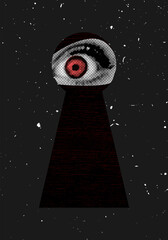 Illustration of an eye peeking out of a keyhole. Psychedelic halftone collage retro poster. Psychedelic old style. Vector art.
