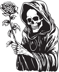 Death with roses, Grim Reaper, Skeleton in black robe Vector Illustration, SVG