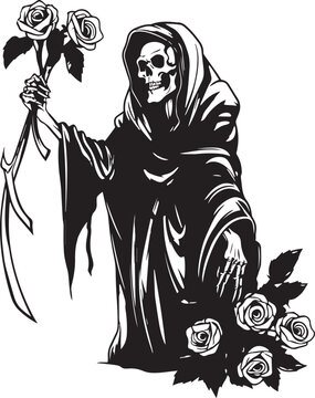 Death with roses, Grim Reaper, Skeleton in black robe Vector Illustration, SVG